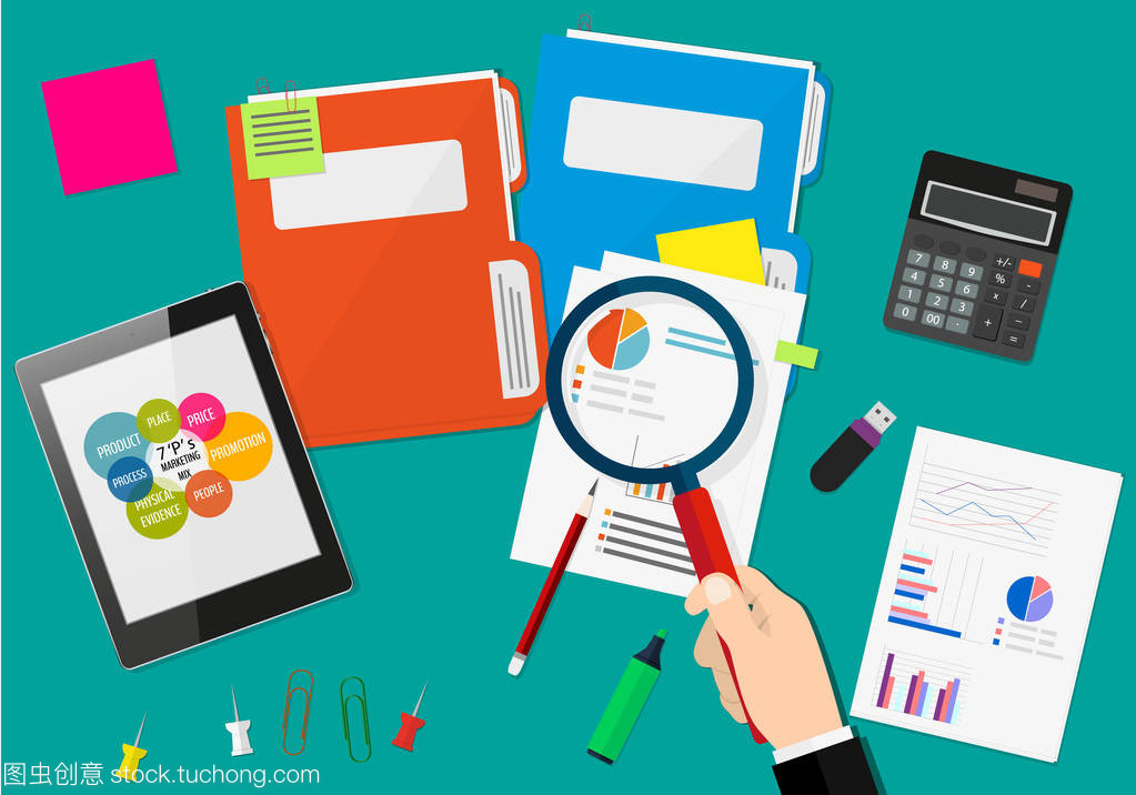 手拿放大鏡,財(cái)務(wù)報(bào)告的分析。金融審計(jì)的概念。審計(jì)稅務(wù)處理。市場(chǎng)營(yíng)銷組合